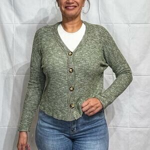 Anthropologie Eri + Ali Sage Green Oversized Waffle Knit Cardigan Sz XS